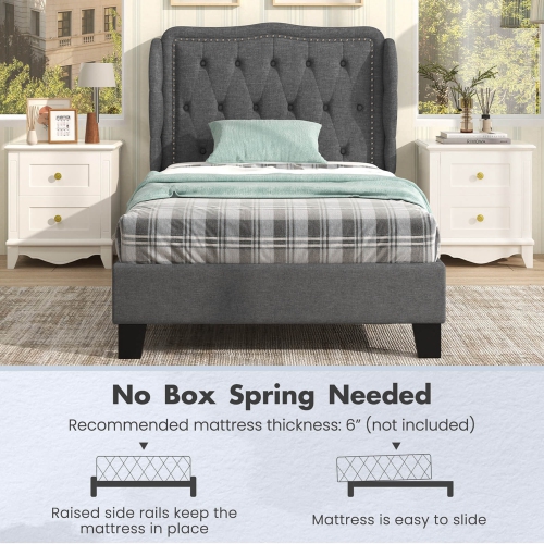 Costway Twin Size Bed Frame with Button Tufted Wingback Headboard Wooden Slats Support