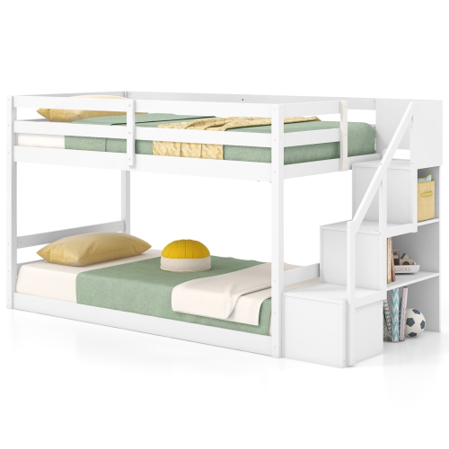 Costway Twin Over Twin Low Bunk Bed Solid Wood Floor Bunk Bed Frame with Storage Stairs