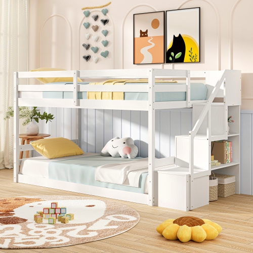Costway Twin Over Twin Low Bunk Bed Solid Wood Floor Bunk Bed Frame with Storage Stairs White/Gray