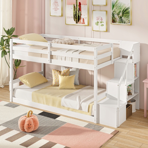 Costway Twin Over Twin Low Bunk Bed Solid Wood Floor Bunk Bed Frame with Storage Stairs White/Gray