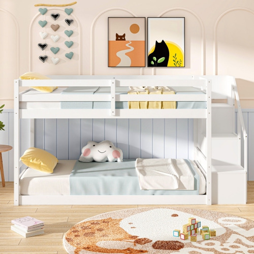 Costway Twin Over Twin Low Bunk Bed Solid Wood Floor Bunk Bed Frame with Storage Stairs White/Gray