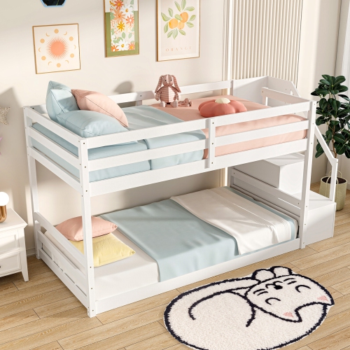 Costway Twin Over Twin Low Bunk Bed Solid Wood Floor Bunk Bed Frame with Storage Stairs White/Gray