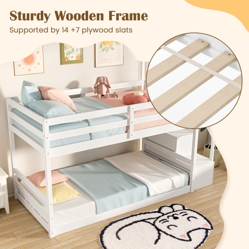 Costway Twin Over Twin Low Bunk Bed Solid Wood Floor Bunk Bed Frame with Storage Stairs White/Gray
