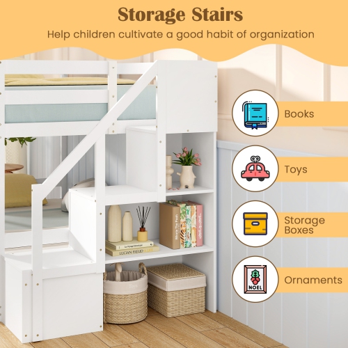 Costway Twin Over Twin Low Bunk Bed Solid Wood Floor Bunk Bed Frame with Storage Stairs White/Gray