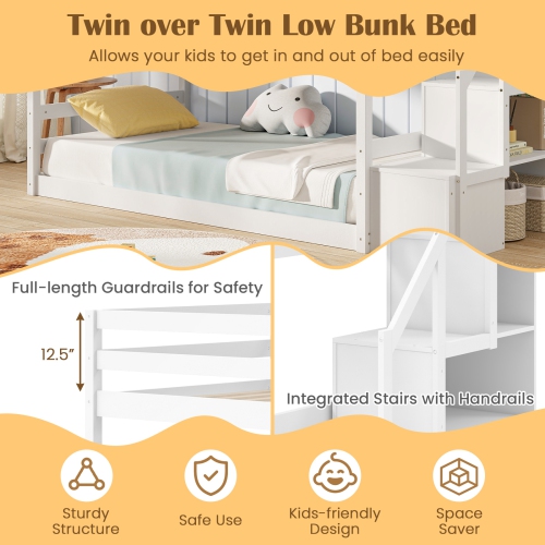 Costway Twin Over Twin Low Bunk Bed Solid Wood Floor Bunk Bed Frame with Storage Stairs White/Gray