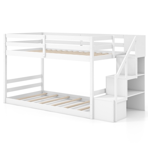 Costway Twin Over Twin Low Bunk Bed Solid Wood Floor Bunk Bed Frame with Storage Stairs White/Gray