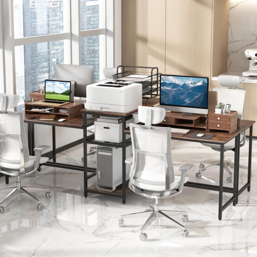 Costway 97 Inch Two Person Desk Double Computer Desk with Power Outlets Printer Stand