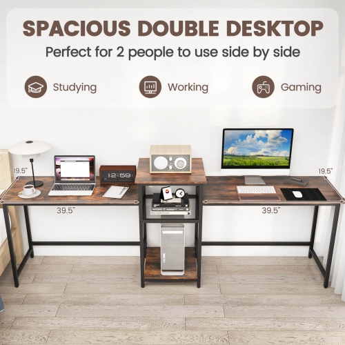 Costway 97 Inch Two Person Desk Double Computer Desk with Power Outlets Printer Stand