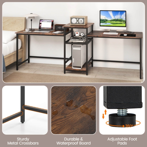 Costway 97 Inch Two Person Desk Double Computer Desk with Power Outlets Printer Stand