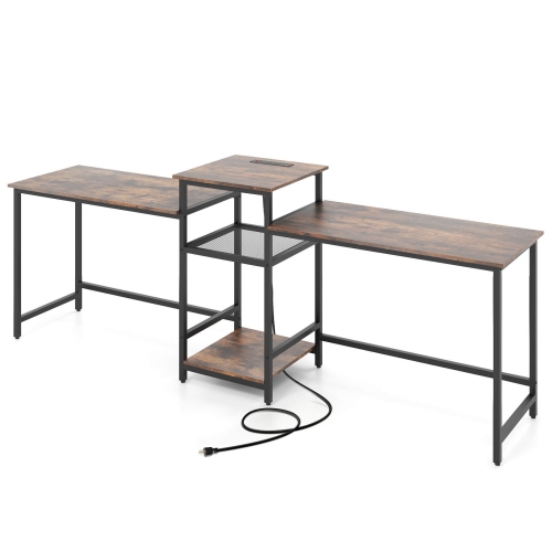 Costway 97 Inch Two Person Desk Double Computer Desk with Power Outlets Printer Stand