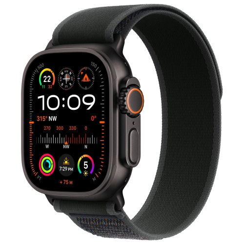 Boîte ouverte - Apple Watch Ultra 2 avec boîtier en titane noir et bracelet Sentier noir de 49&nbsp;mm - Moyen/Grand