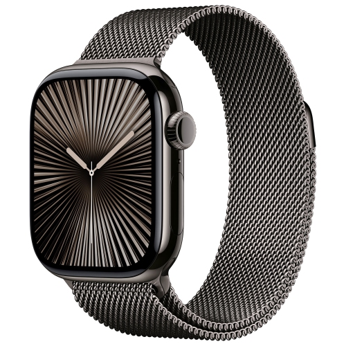 Image 1 de 10.. Boîte ouverte - Apple Watch Series 10 42&nbsp;mm avec boîtier en titane ardoise et bracelet milanais ardoise - Moyen/Grand