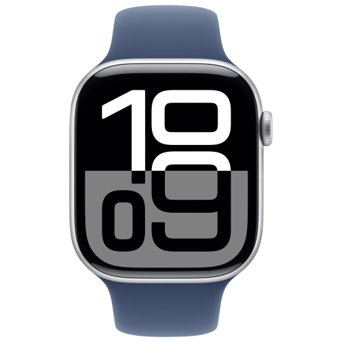 Boîte ouverte - Apple Watch Series 10 46 mm avec boîtier en aluminium argenté et bracelet sport en denim - Petit/Moyen