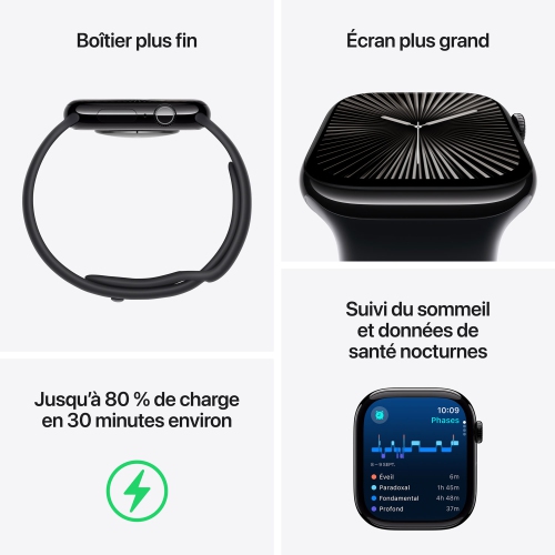 Boîte ouverte - Apple Watch Series 10 avec boîtier en aluminium argenté 46&nbsp;mm et bracelet sport à rabat bleu nuage