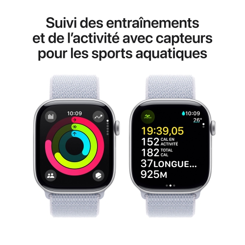 Boîte ouverte - Apple Watch Series 10 avec boîtier en aluminium argenté 46&nbsp;mm et bracelet sport à rabat bleu nuage