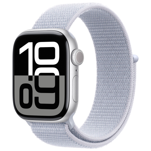 Boîte ouverte - Apple Watch Series 10 avec boîtier en aluminium argenté 42&nbsp;mm et bracelet sport à rabat bleu nuage