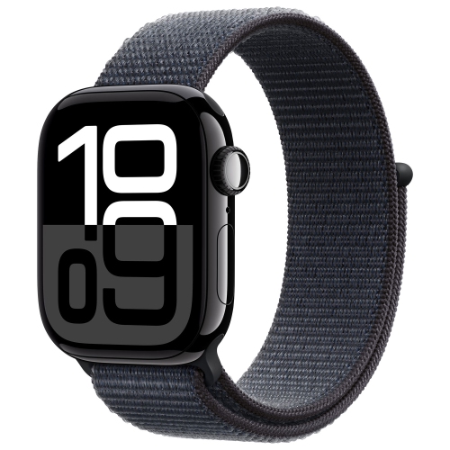 Image 1 de 10.. Boîte ouverte - Apple Watch Series 10 42&nbsp;mm avec boîtier en aluminium noir de jais et bracelet sport à encre