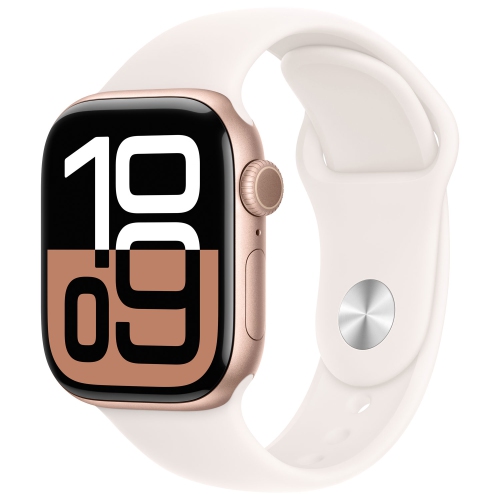 Image 1 de 7.. Remis à neuf - Apple Watch Series 10 (GPS) avec boîtier en aluminium rose doré 42&nbsp;mm et bracelet sport rose pâle - Petit/Moyen