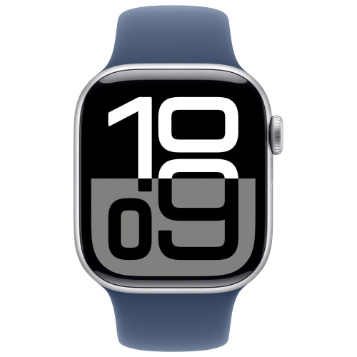 Boîte ouverte - Apple Watch Series 10 42&nbsp;mm avec boîtier en aluminium argenté et bracelet sport en denim - Petit/Moyen