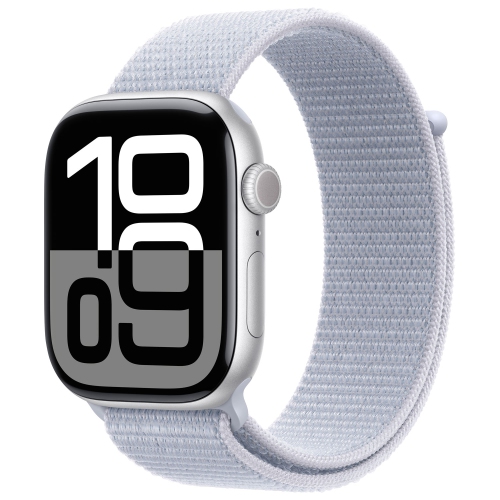 Image 1 of 10.. Refurbished - Apple Watch Series 10 (GPS) 46mm Silver Aluminum Case with Blue Cloud Sport Loop