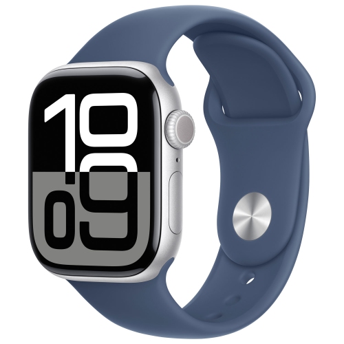 Image 1 de 10.. Boîte ouverte - Apple Watch Series 10 42&nbsp;mm avec boîtier en aluminium argenté et bracelet sport en denim - Moyen/Grand
