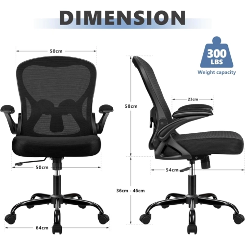 Ergonomic Mesh Office Chair - Mid Back Swivel Desk Chair with Adjustable Lumbar Support & Flip-Up Armrests