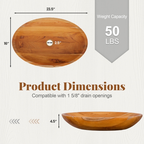 Costway 23.5" x 16" Vessel Sink Teak Wood Washbasin with Drainage Hole & Smooth Finish