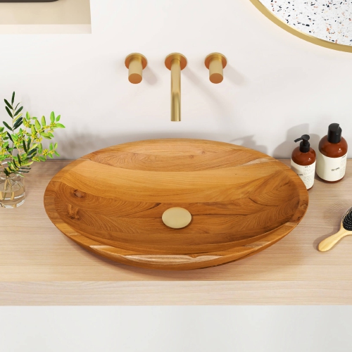 Costway 23.5" x 16" Vessel Sink Teak Wood Washbasin with Drainage Hole & Smooth Finish