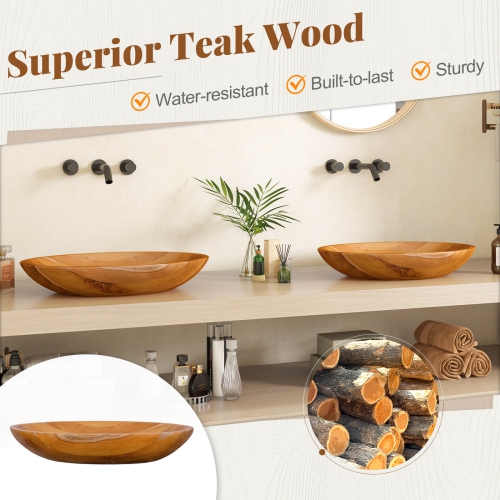Costway 23.5" x 16" Vessel Sink Teak Wood Washbasin with Drainage Hole & Smooth Finish
