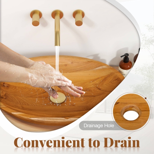 Costway 23.5" x 16" Vessel Sink Teak Wood Washbasin with Drainage Hole & Smooth Finish