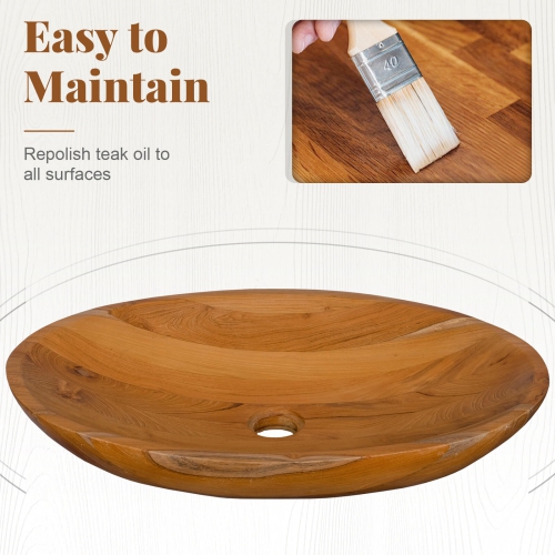 Costway 23.5" x 16" Vessel Sink Teak Wood Washbasin with Drainage Hole & Smooth Finish