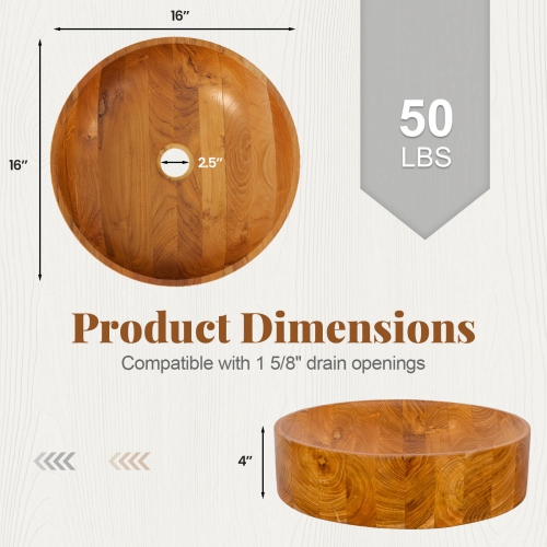 Costway 16" x 16" Vessel Sink Teak Wood Washbasin with Drainage Hole & Smooth Finish