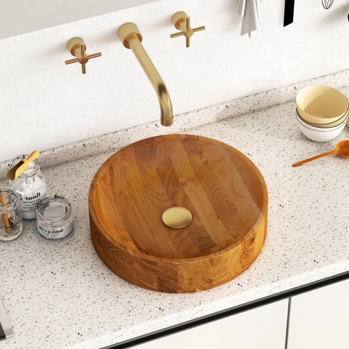 Costway 16" x 16" Vessel Sink Teak Wood Washbasin with Drainage Hole & Smooth Finish