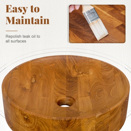 Costway 16" x 16" Vessel Sink Teak Wood Washbasin with Drainage Hole & Smooth Finish