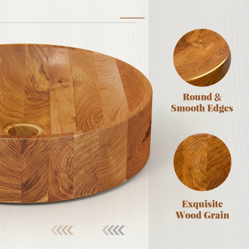 Costway 16" x 16" Vessel Sink Teak Wood Washbasin with Drainage Hole & Smooth Finish