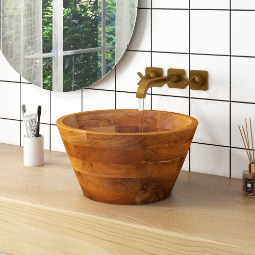Costway 16" x 16" Vessel Sink Teak Wood Washbasin with Drainage Hole & Smooth Finish