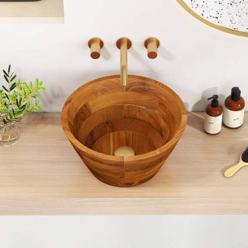 Costway 16" x 16" Vessel Sink Teak Wood Washbasin with Drainage Hole & Smooth Finish