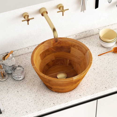 Costway 16" x 16" Vessel Sink Teak Wood Washbasin with Drainage Hole & Smooth Finish