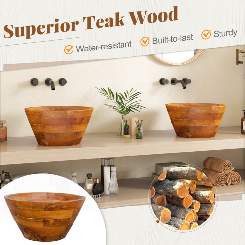 Costway 16" x 16" Vessel Sink Teak Wood Washbasin with Drainage Hole & Smooth Finish
