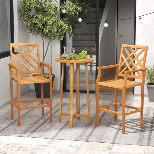Costway 4 PCS Patio Teak Wood Bar Stool with Ergonomic Backrest Armrests & Footrest Outdoor