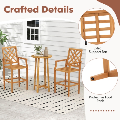 Costway 4 PCS Patio Teak Wood Bar Stool with Ergonomic Backrest Armrests & Footrest Outdoor