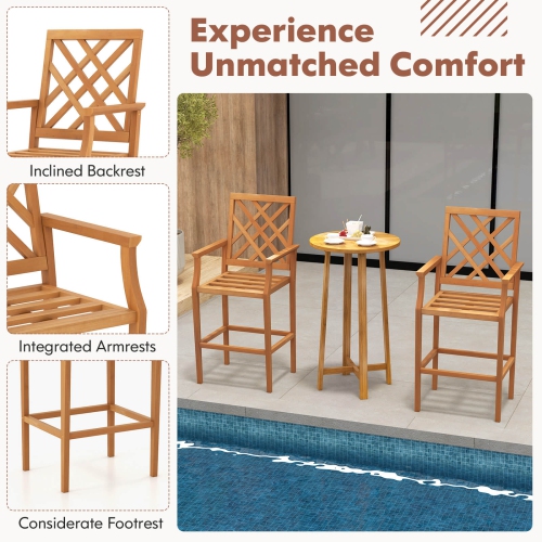 Costway 4 PCS Patio Teak Wood Bar Stool with Ergonomic Backrest Armrests & Footrest Outdoor