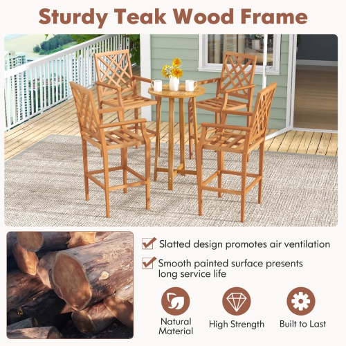 Costway 1 PCS Patio Teak Wood Bar Stool with Ergonomic Backrest Armrests & Footrest Outdoor