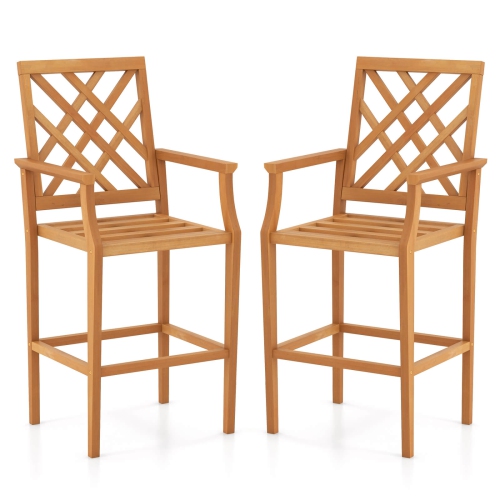 Costway 2 PCS Patio Teak Wood Bar Stool with Ergonomic Backrest Armrests & Footrest Outdoor