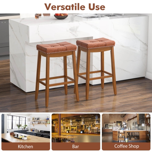 Costway 29" Bar Height Stools Set of 4 with PU Leather Seat Solid Rubber Wood Frame