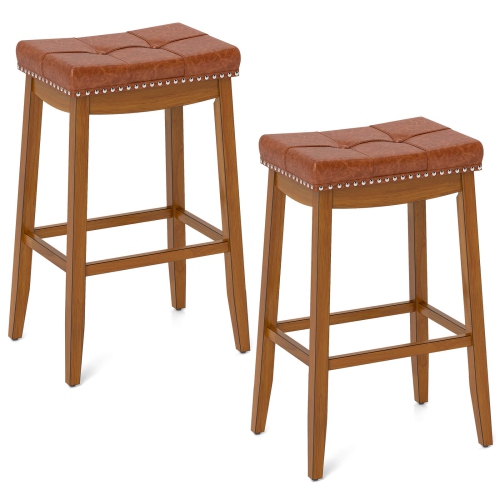 COSTWAY  29" Bar Height Stools Set Of 2 With Pu Leather Seat Solid Rubber Wood Frame