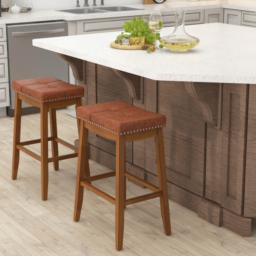 Costway 29" Bar Height Stools Set of 2 with PU Leather Seat Solid Rubber Wood Frame