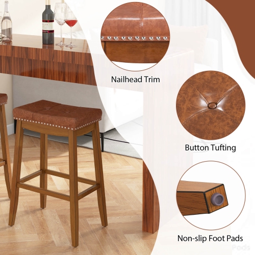 Costway 29" Bar Height Stools Set of 2 with PU Leather Seat Solid Rubber Wood Frame