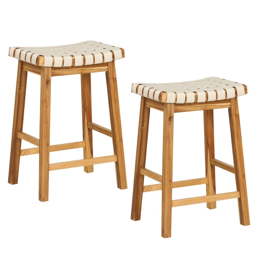 COSTWAY  Woven Saddle Stools Set Of 2 25.5" Faux Pu Leather Counter Height Kitchen Stool