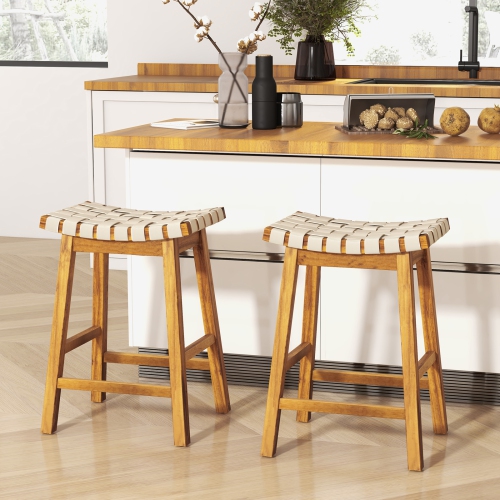 Costway Woven Saddle Stools Set of 2 25.5" Faux PU Leather Counter Height Kitchen Stool